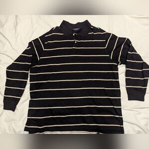 Roundtree & Yorke Black Long-Sleeve Polo with Beige Stripes